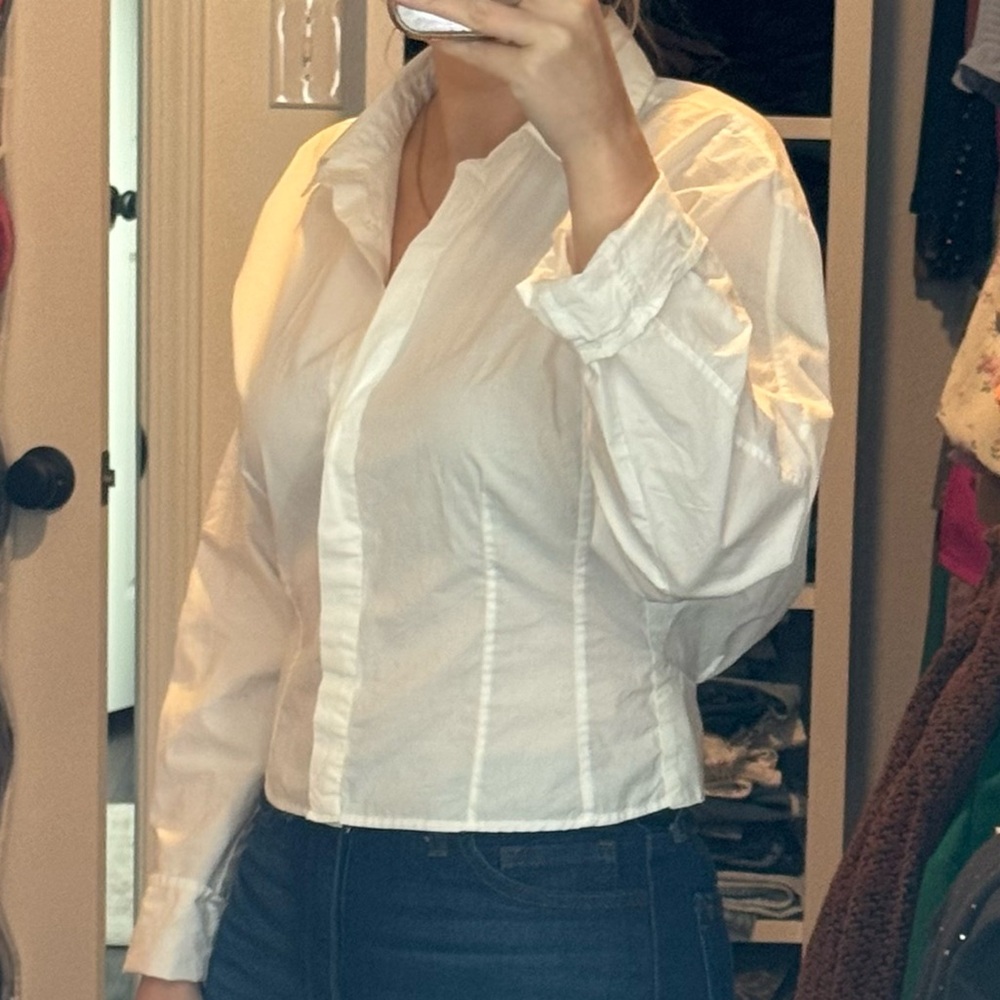 LOFT White Button-Up Crop Blouse Shirt - Picture 11 of 11